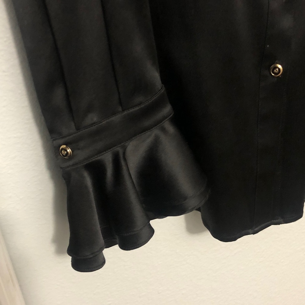 StJohn SILK Elegant sz10 Black Cascading RUFFLE button front long Slv BLOUSE EUC - Picture 4 of 5